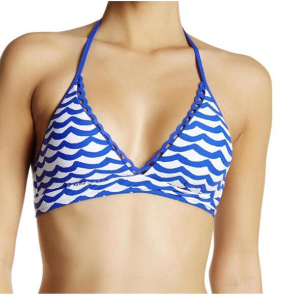 SEAFOLLY Australia blue white scalloped stripe triangle bikini top sz us 6 - Picture 1 of 5